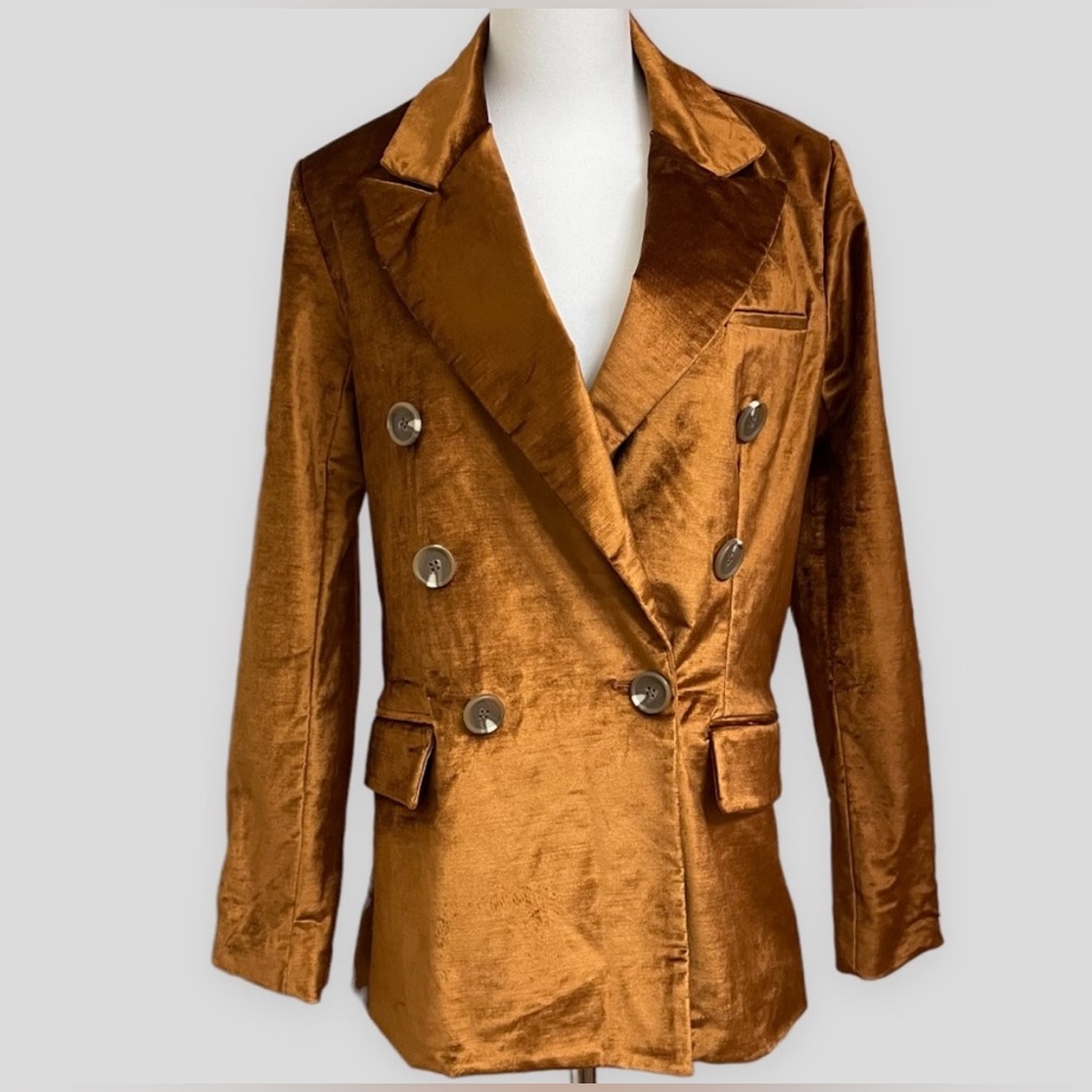 Double-Breasted Velvet Blazer - Copper Brown